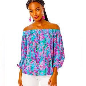 BNWT Lilly Pulitzer Maryellen long sleeve off the shoulder top in Seaweed Samba